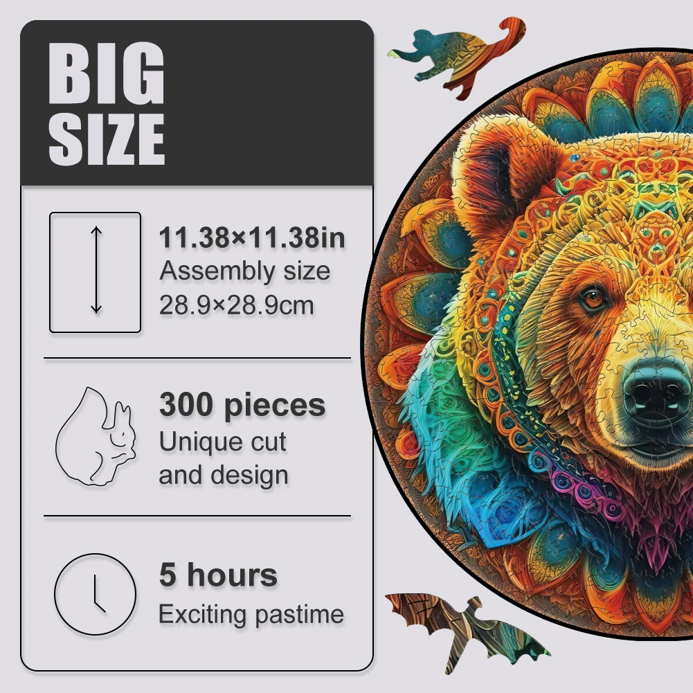 Wooden Puzzle Mandala Bear Novel Children Toys Wood Animals Jigsaw Puzzles Games 3D Wooden Puzzle Box Gift For Adults And Kids