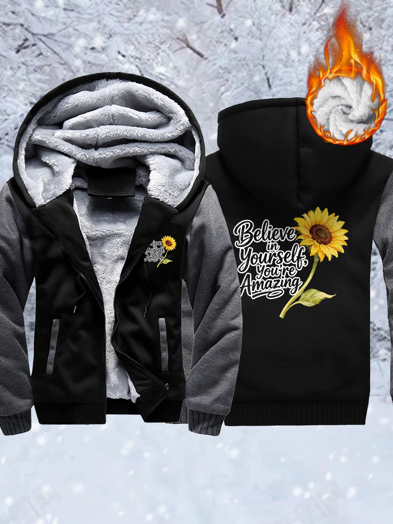 

Sunflower Believe In Yourself Printed Thicken Coats Men Loose Zipper Clothes Fashion Camouflage Jackets Winter Fleece Sportswear