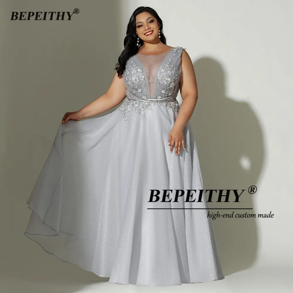 Bepeithy cinza longo vestidos de noite sem mangas para curva mulheres sexy aberto para trás uma linha plus size baile formal vestido 2022 vestido primavera