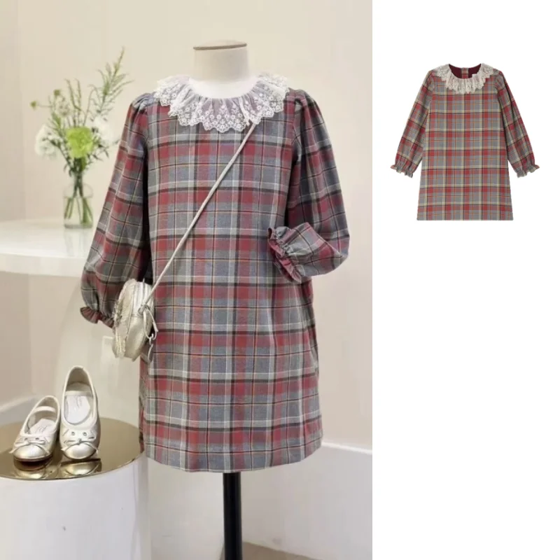 

Girls' Dress 2025 Fall New Arrival Plaid Lace Collar Long-Sleeve Dress Pure Cotton Fashion Sweet Style Princess Dress for Girls
