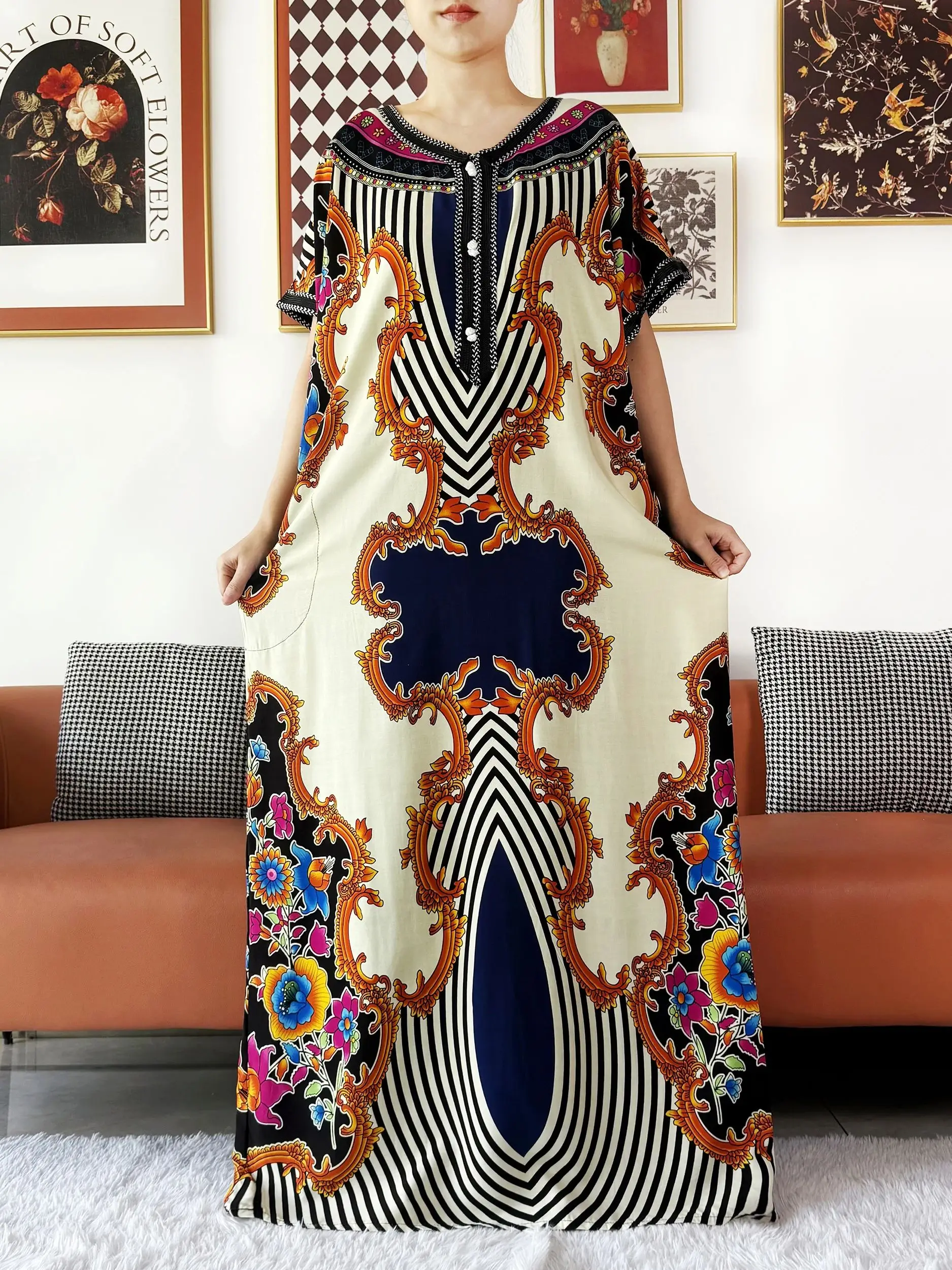 2025 African Women Dress Loose Boubou Maxi Dress Cotton Lace Floral Boubou Islamic Abaya Short Sleeve  Long Gown for Women