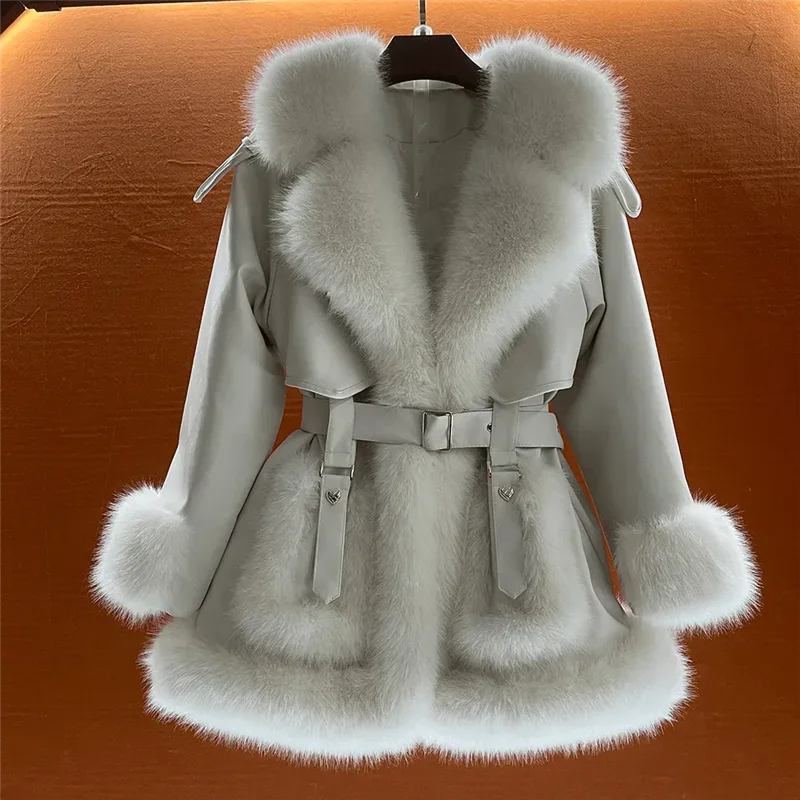 Temperament Big Fur collar Lace-Up Fur Coat Female Autumn Winter New Mid-Length Warm Faux Fox Jacket Female Loose Overcoat W567