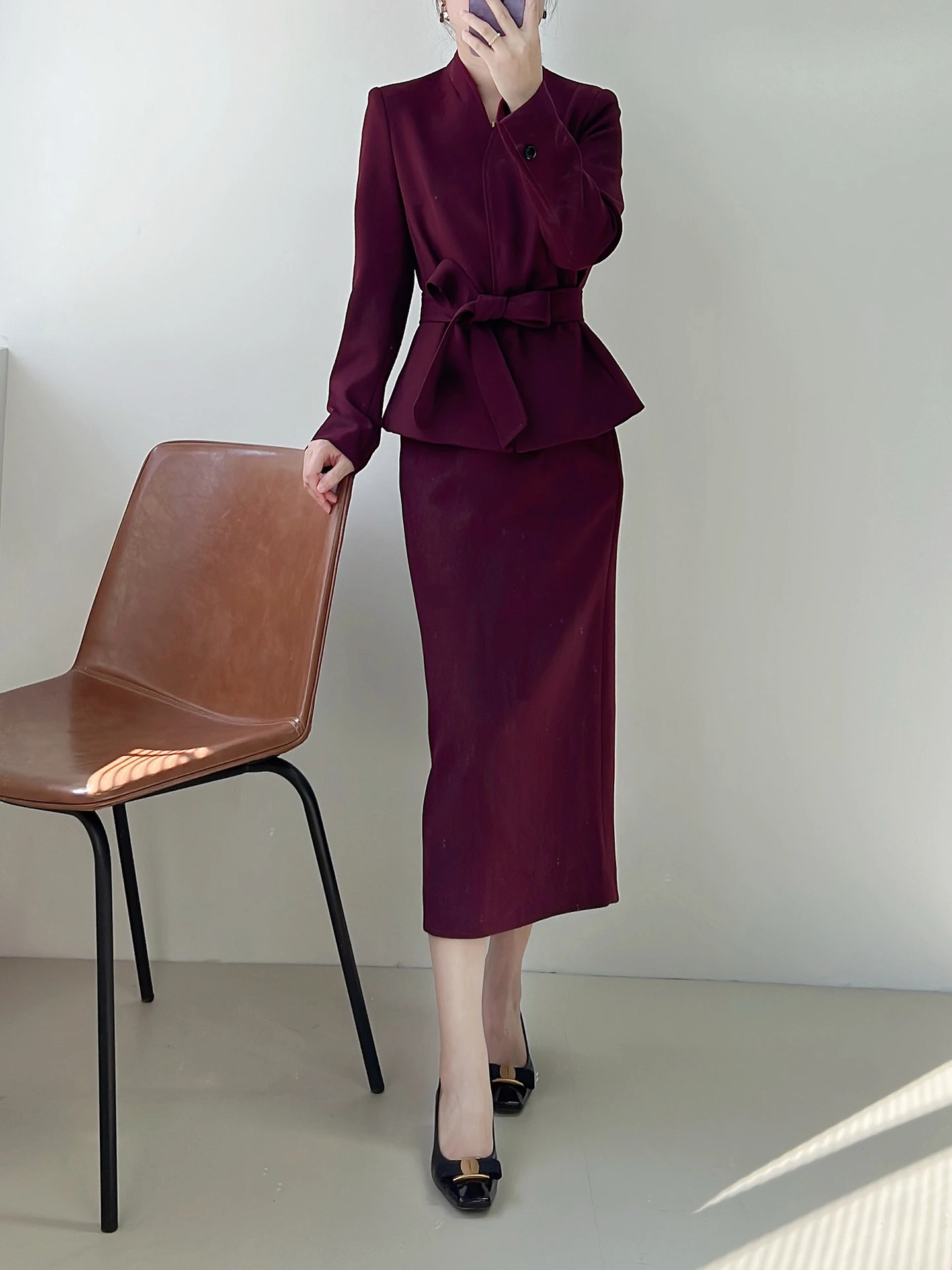 

Романтичный осенне-зимний женский деловой костюм сливового цвета, с завышенной талией, длинными рукавами, для офиса, модный комплект из двух предметов