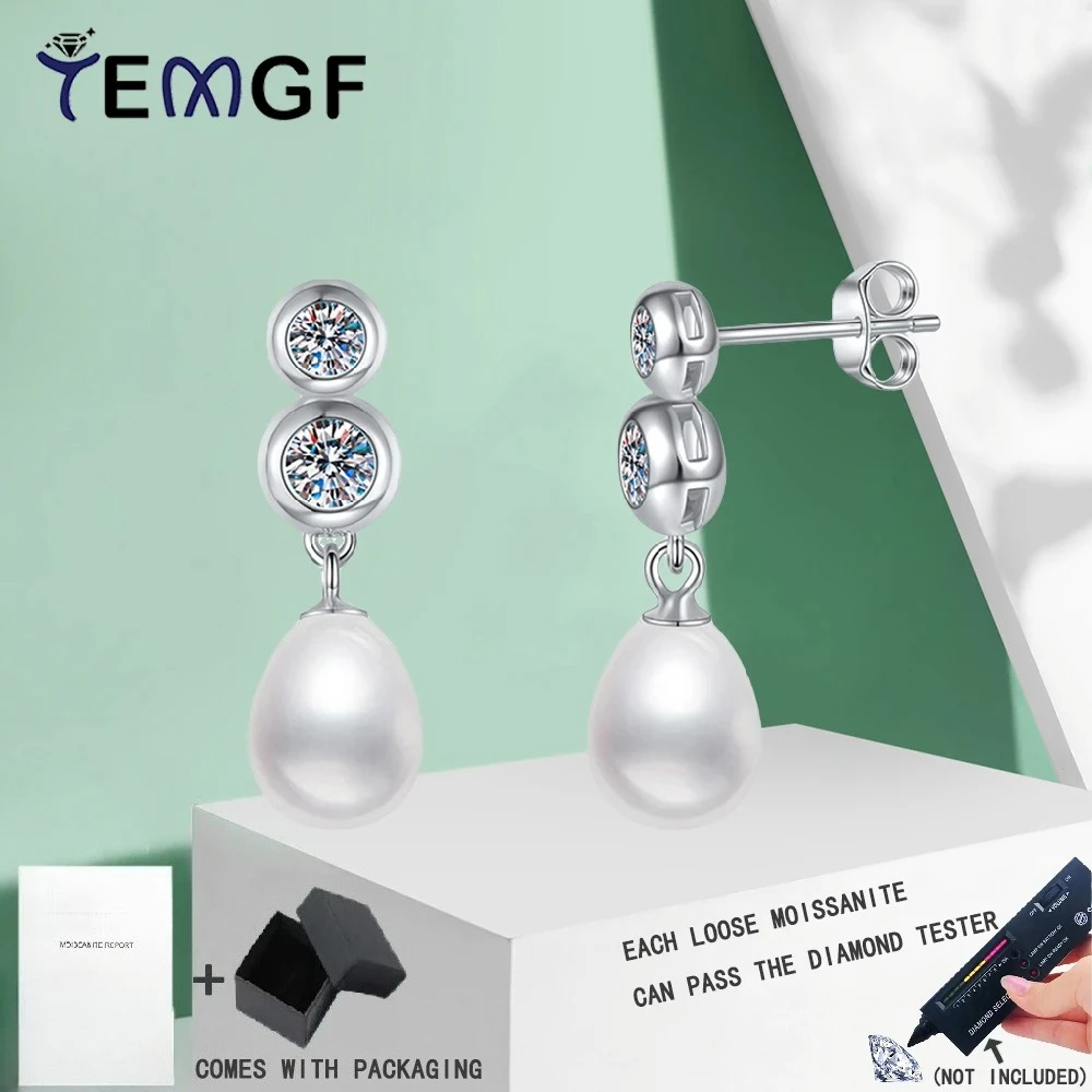 

TEMGF 1 Pair Moissanite Ear Studs 8mm-9mm Freshwater Pearl Drop Earrings for Women S925 Sterling Silver Fine Jewelry With GRA