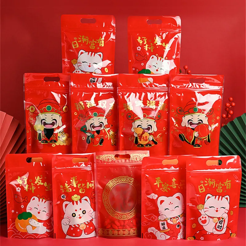 50Pcs 15x23cm 2025 Chinese New Year Snowflake Crispy Nugat Candy Cookie Self Standing Sealing Zipper Bags Baking Packaging