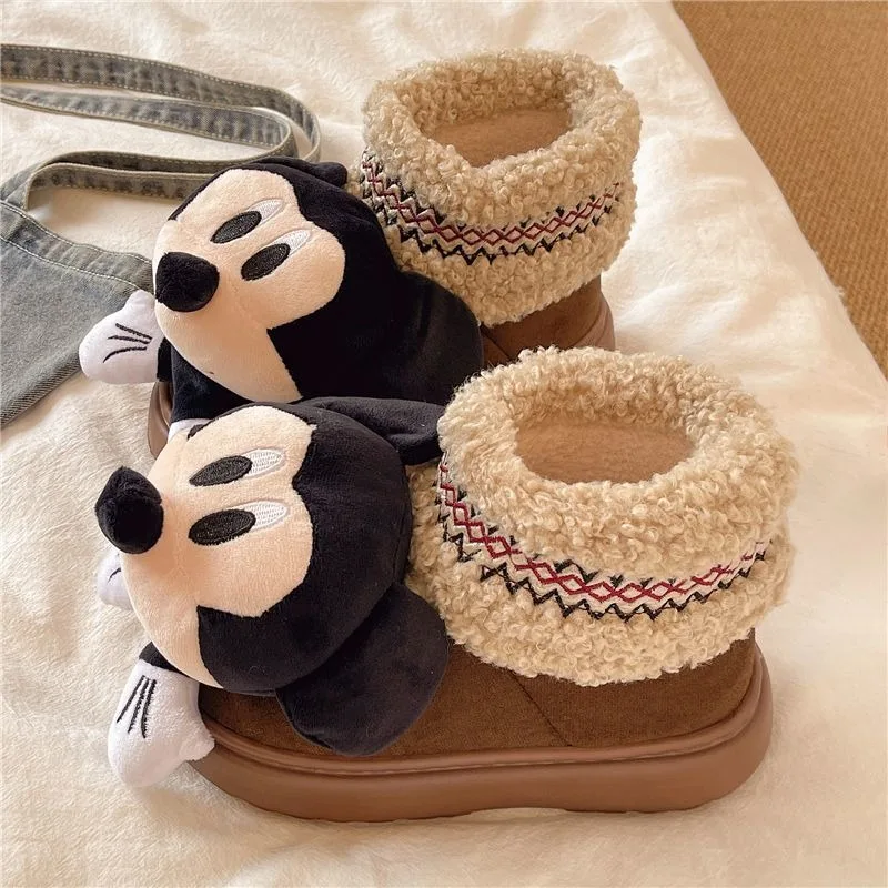 أحذية ديزني كارتونية لطيفة ميكي للثلج للفتيات، أحذية شتوية عصرية بنعل سميك دافئ من القطن، متعددة الاستخدامات ومقاومة للبرد