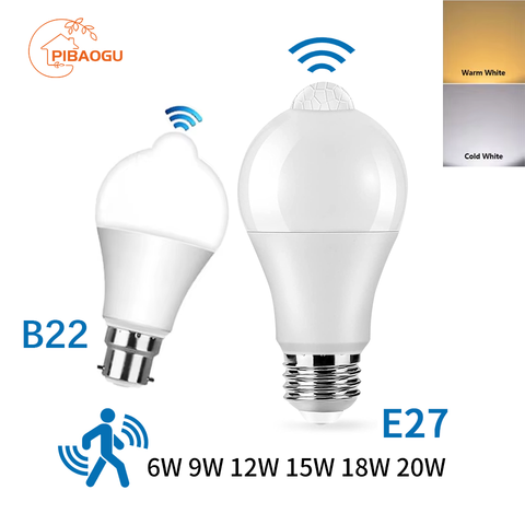 E27 B22 LED 전구 LED 램프 PIR 모션 센서 AC189-265V 6W-20W PIR 센서 빛 자동 ON/OFF 야간 조명 홈 주차 조명