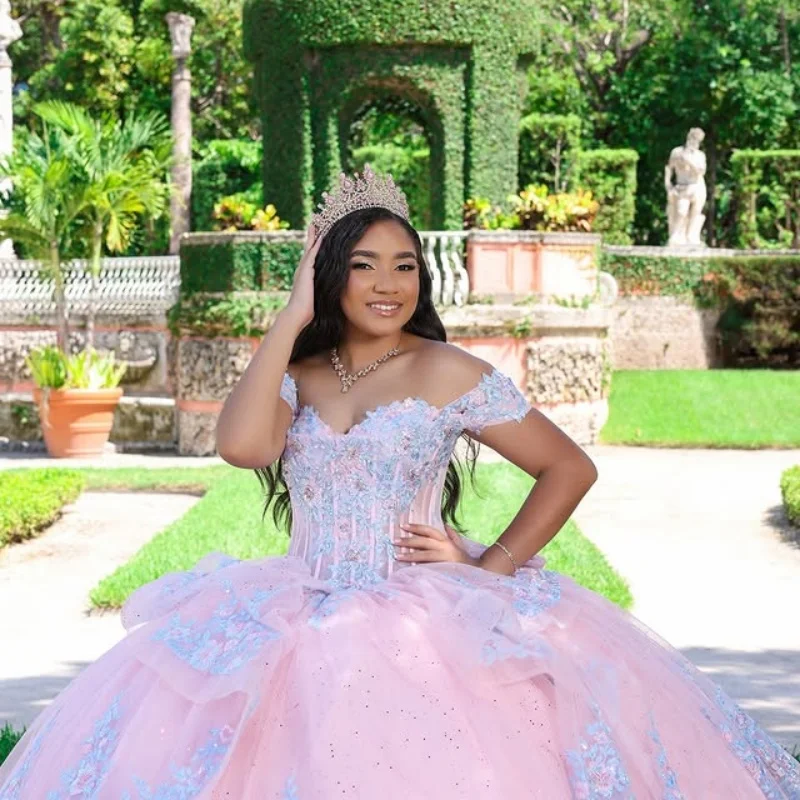 

Customized Pink Quinceanera Dresses Off the Shoulder Sequin flower decal Lace layering Long tail Bow Vestido De 15 Quinceanera