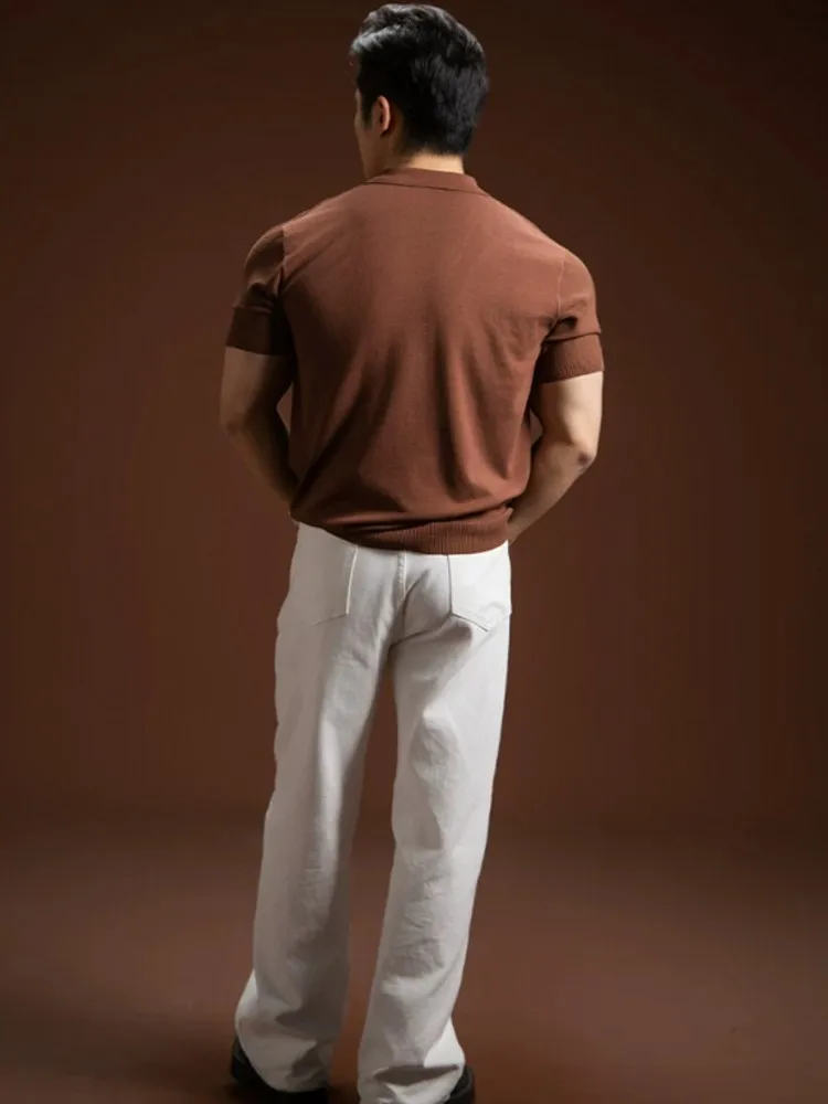 Men Streetwear Breathable Turn Down Collar Male Short Sleeve Thin Knit T-Shirt Fashion Casual Single Breasted Solid Color Tops