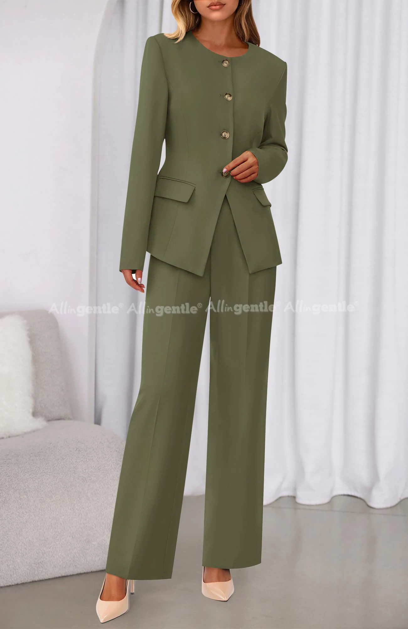 Allingentle Customized Two Piece Set for Women Fashion Business Casual Long Sleeve Blazer Jackets Wide Leg Pants