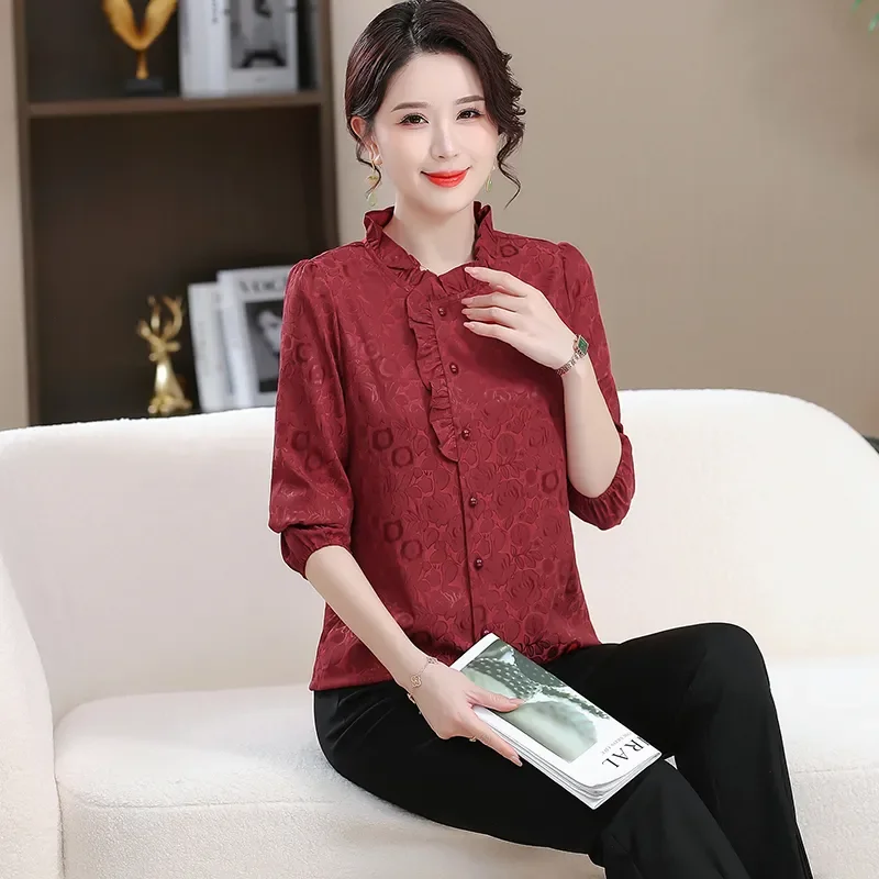 Western Style Jacquard Flowing Satin Shirt Women's Autumn New Lotus Leaf Collar Versatile Long-sleeved Top