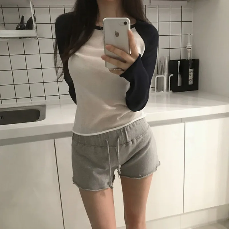 Slimming Effect Summer New Breathable Thin Color Block Knitted Sweater Women's Fashionable Casual Long Sleeve Crew Neck Top