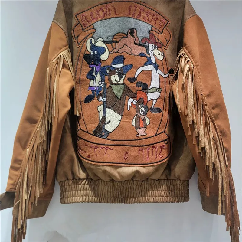 سترة جلدية أمريكية جديدة موديل 2025 ذات هامش عتيق سترة بيسبول بنية عالية الشارع للنساء معطف شتوي للنساء #4