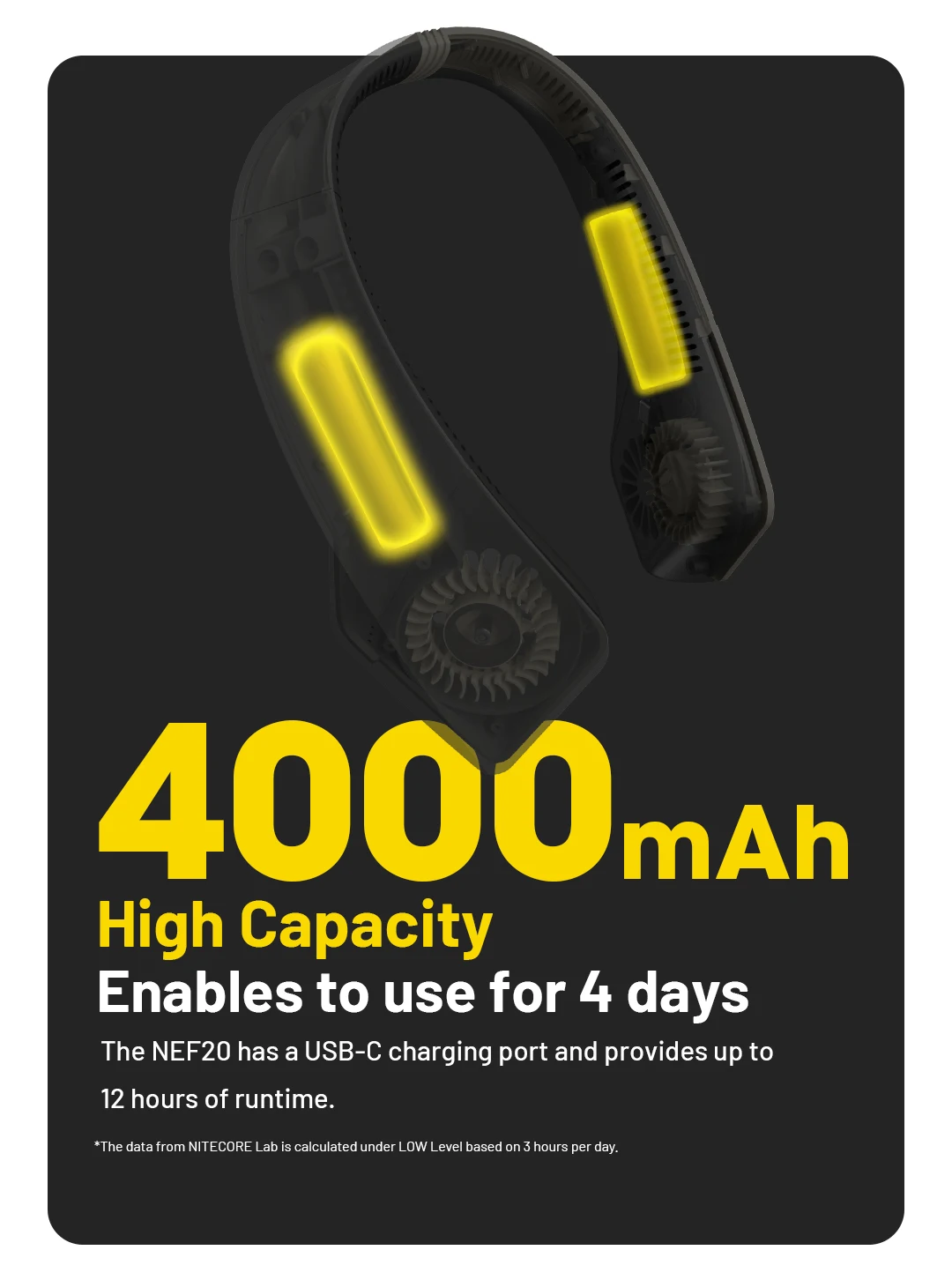 NITECORE NEF20 Portátil Pendurado Pescoço Fan Bladesess Mudo Pescoço Fan Camping Pesca Esporte USB-C Recarregável Neckband Air Cooler