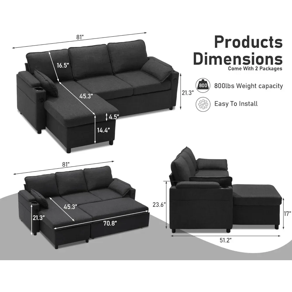 Sofa Bed Pull-out Sofa Bed with Double Storage Lounge Chair, U-shaped Convertible Combination Sofa Bed with USB Charging Port