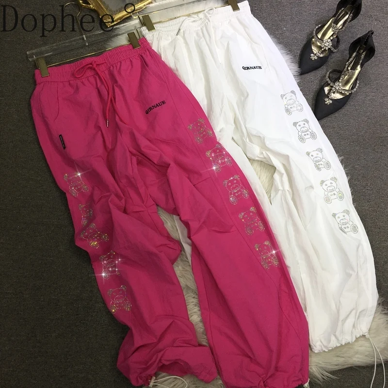 

Candy Color Summer Women Trousers Cute Bears Hot Drilling Straight Sports Pants Drawstring Elastic Waist Casual Harem Pants