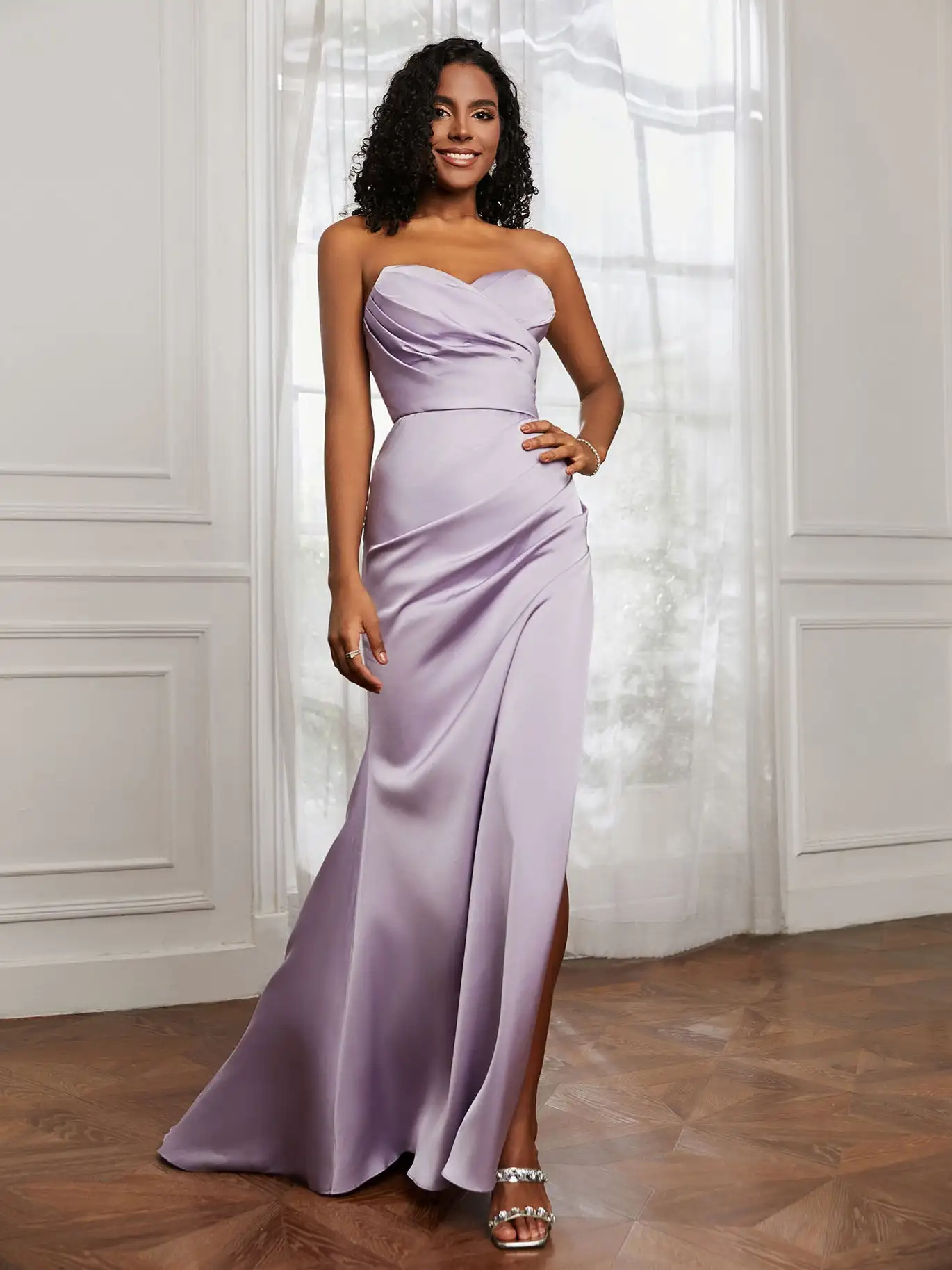 Sweetheart Neck Pleated Sheath Satin Bridesmaid Dress for Wedding With Slit Sleeveless Cocktail Dresses Pleated Evening Gowns