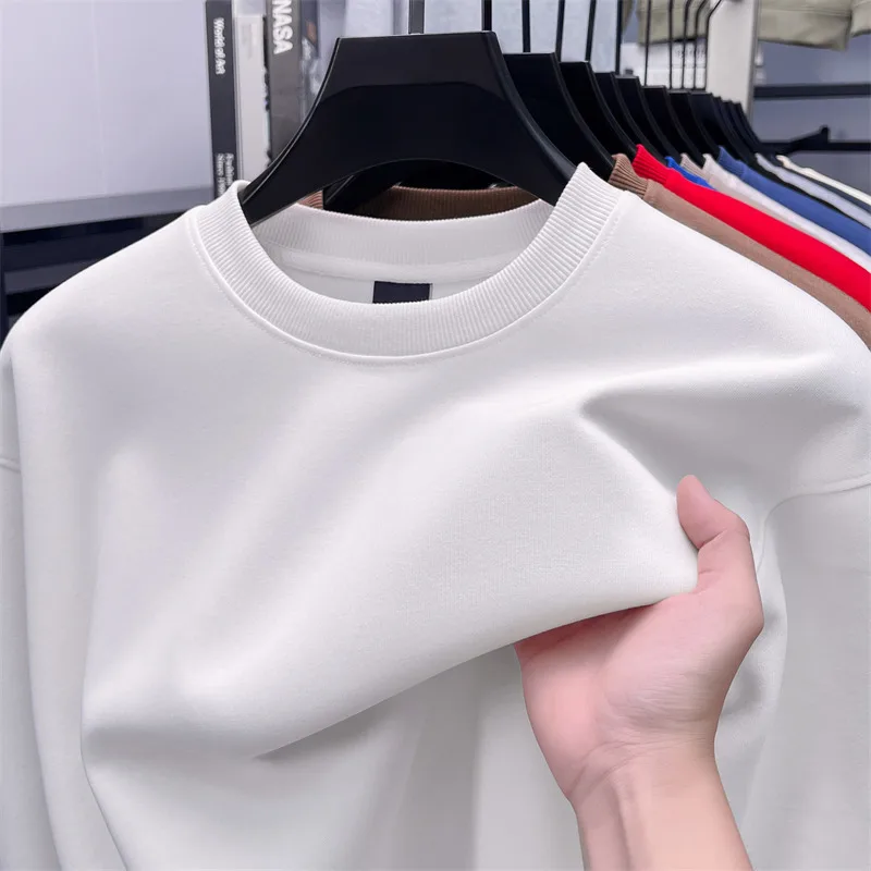 Fotografia 6: High end moda em torno do pescoço moletom masculino outono cor sólida simples coreano solto e confortável algodão manga longa camiseta