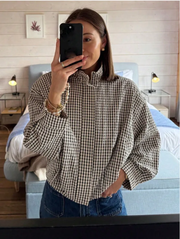 Casual Black White Gingham Check Jacket Women Stand Collar Zip Up Long Puff Sleeve Loose Cropped Plaid Blouse Outerwear Top 2026
