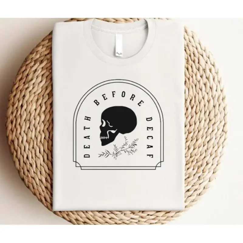 New T Shirt Death Before Decaf Sweat Skeleton Skull
