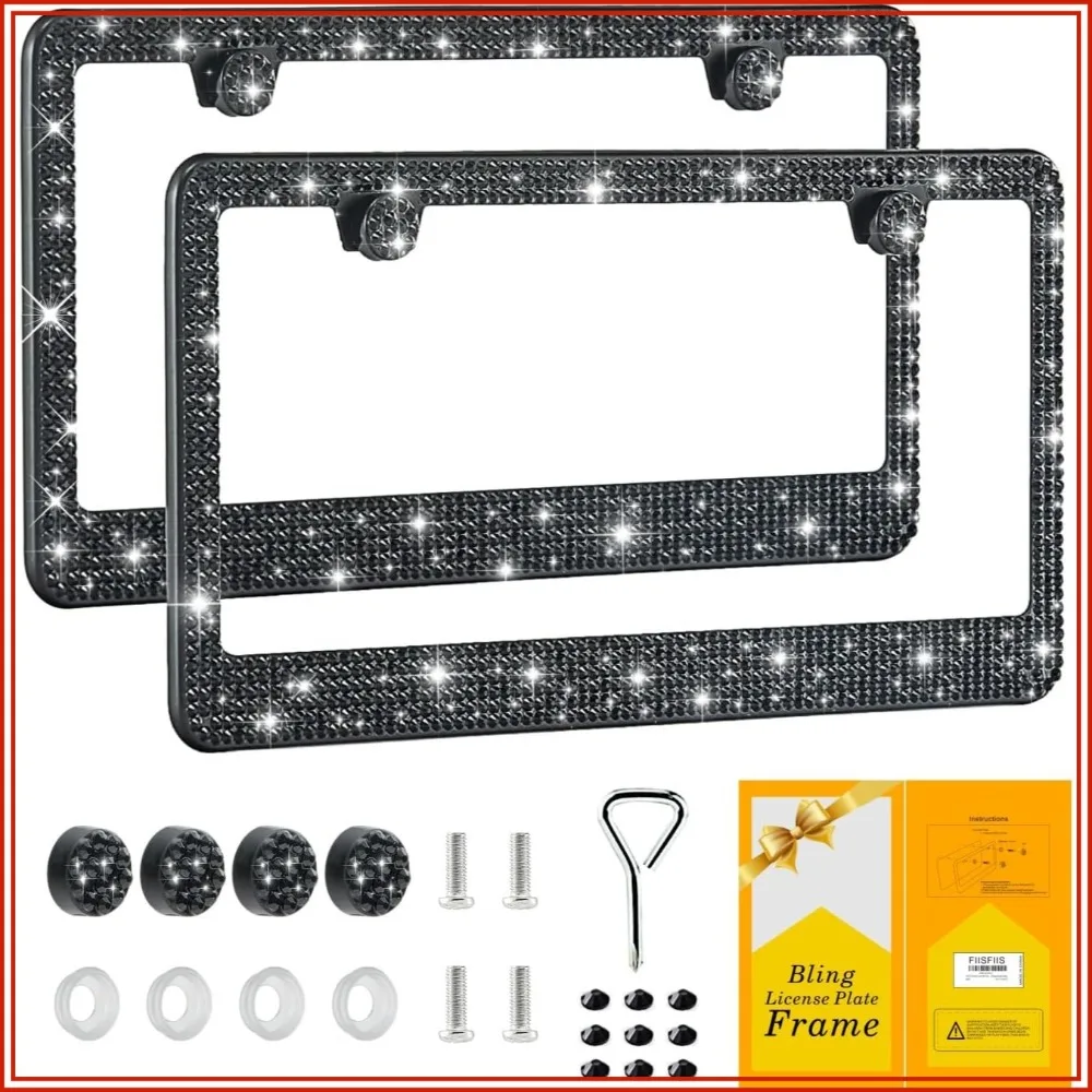 Sparkling Rhinestone License Plate Frame for Women, Stainless Steel Crystal Bling Holder, Cute Glitter Car Tag Cover, Black