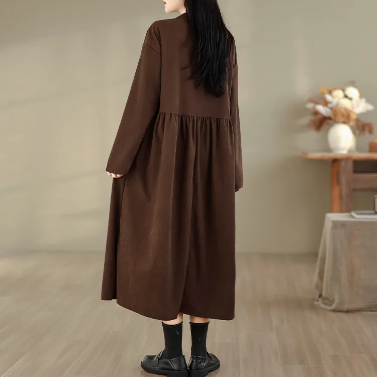 Lente Katoen Fluweel Lang Dr Herfst Winter Warm f Knop rond Ne Long Sve Kleur Midi Dr Pendelen Sle