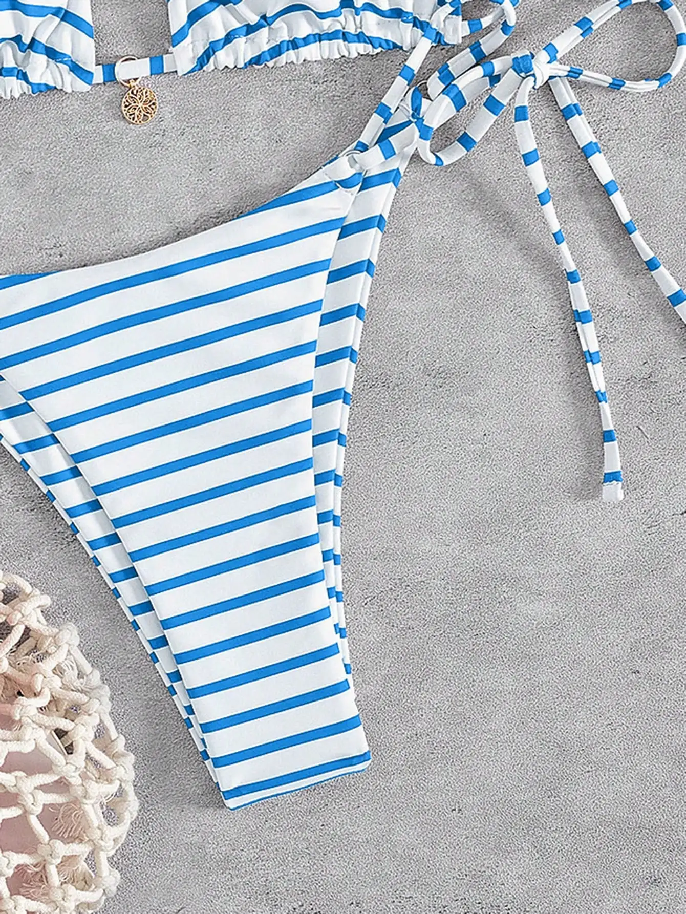 

Women Blue White Striped Bikini Set Triangle Neck Tie Side Beach Swimsuit