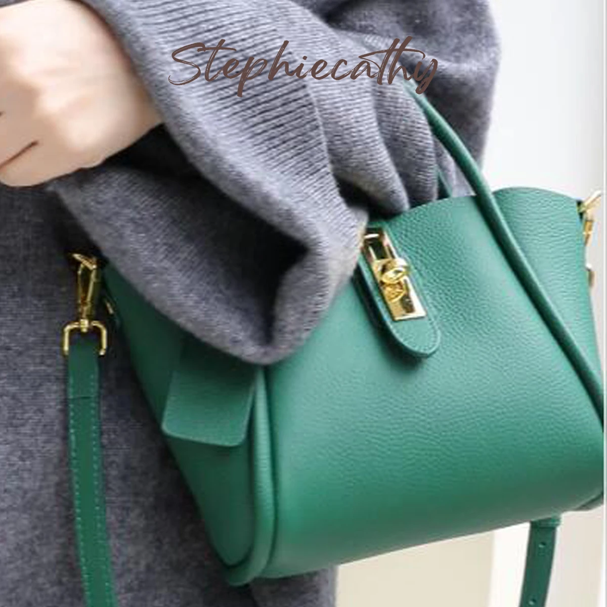 SC Fashion Women Genuine Leather Top-handle Bags Luxury Twist Lock Bucket Tote Handbags Ladies Cross body Shoulder Purses Chic