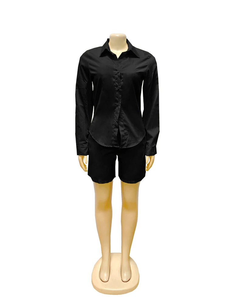 Schickes 2-teiliges Set für Damen: Einfarbiges Langarm-Hemd mit Knöpfen und hochtaillierte plissierte Bermuda-Shorts, Büro-Outfit für Damen. – Detail 14