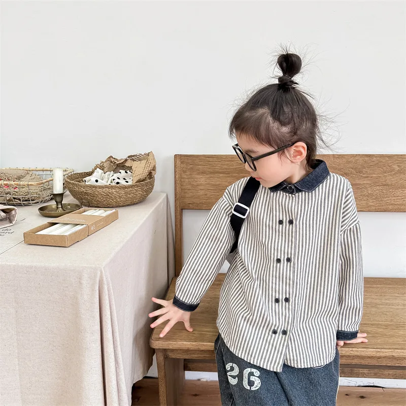 

Childrens Top 2026 Spring New Korean Denim Striped Shirt Casual Fashion Daily Fashionable Versatile Wear