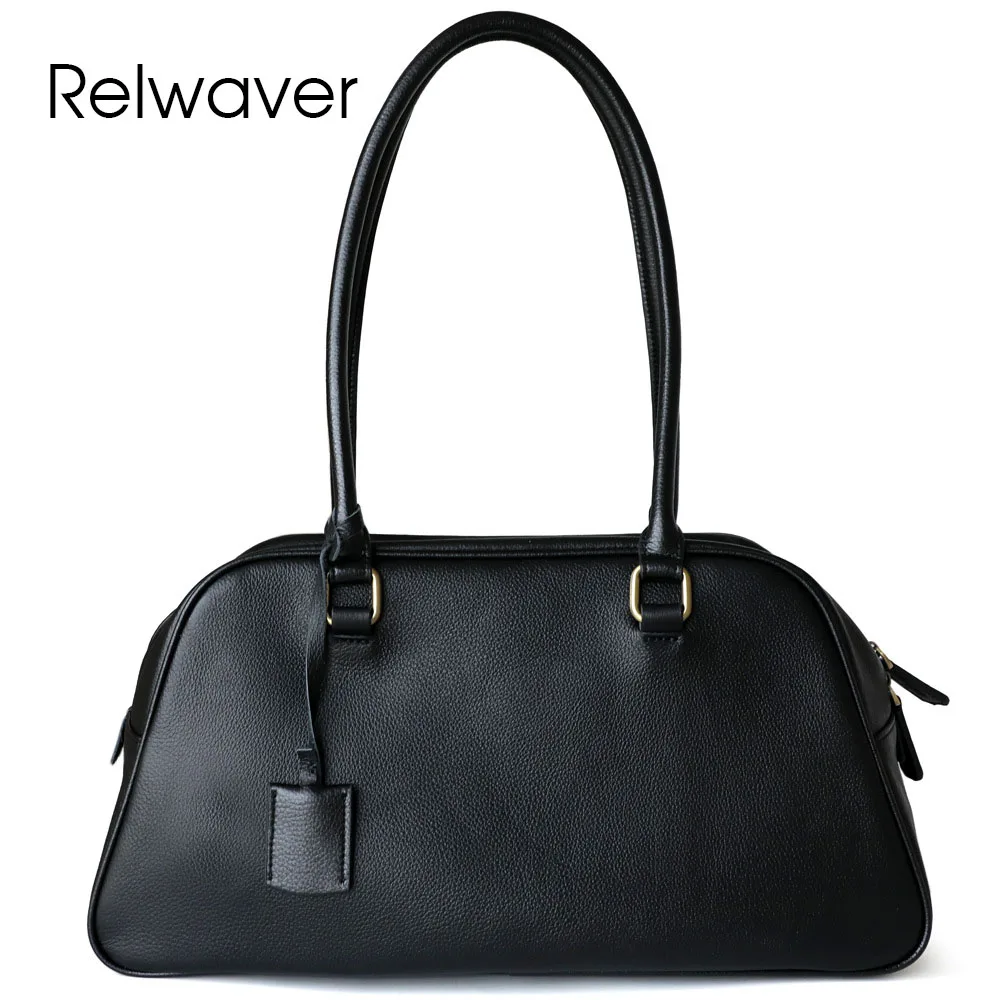 Relwaver women tote bag genuine leather handbags 2024 winter big capacity bowling bag vintage style women shoulder bag