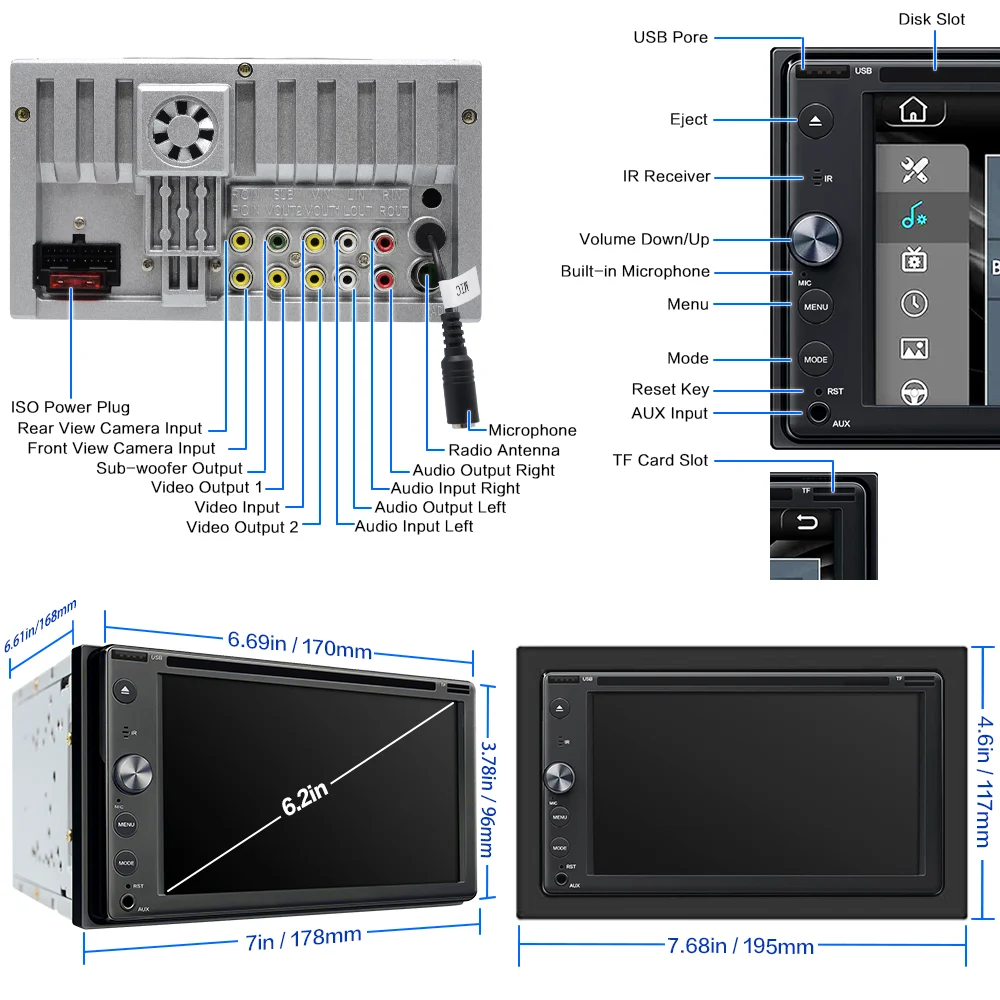 

Steering Wheel Control EQ Sound Adjustment ‌HD Night Vision CD/DVD Player ‌Backup Camera System Apple CarPlay Android Auto