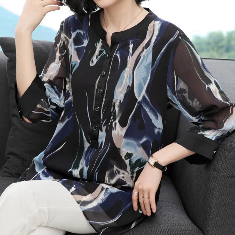 Vintage Printing Gauze Button Chiffon Shirt Summer Autumn 2023 O-Neck Three Quarter Sleeve Loose Pullover Blouse Ladies Clothing