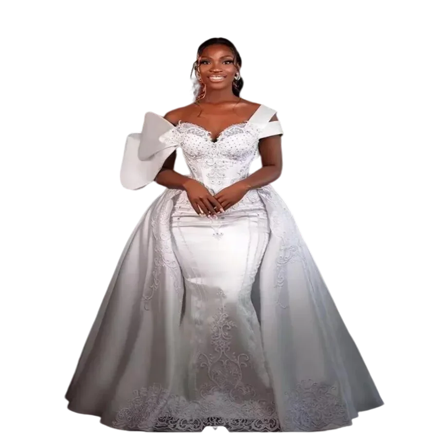

Customized African Mermaid Wedding Dresses Overskirt Lace Applique Beaded One Shoulder Sweep Train Vestidos Bridal Gowns