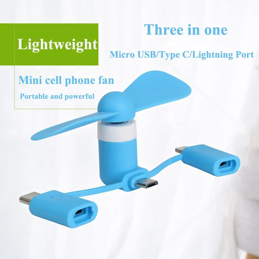 Cell Phone Fan 3-in-1 Mobile Phone Fans Compatible with iPhone/iPad/Android Smartphone/Tablet Fit for Micro USB/Type C/Lightning