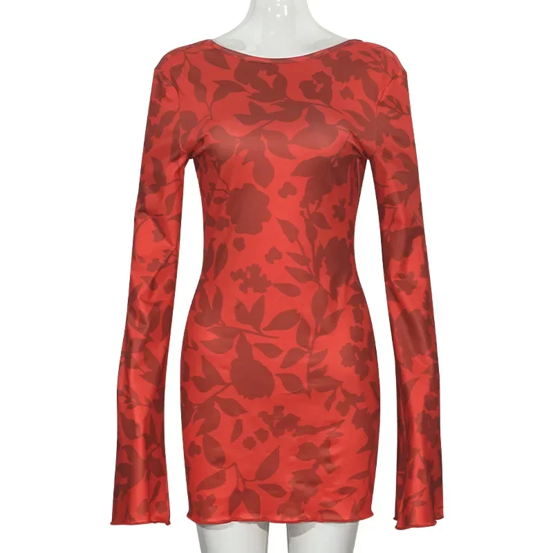 فستان Bangniweigou بدون ظهر مطبوع عليه زهور وردية صغيرة للنساء بأكمام كاملة يناسب الجميع رداء أحمر صغير أنيق