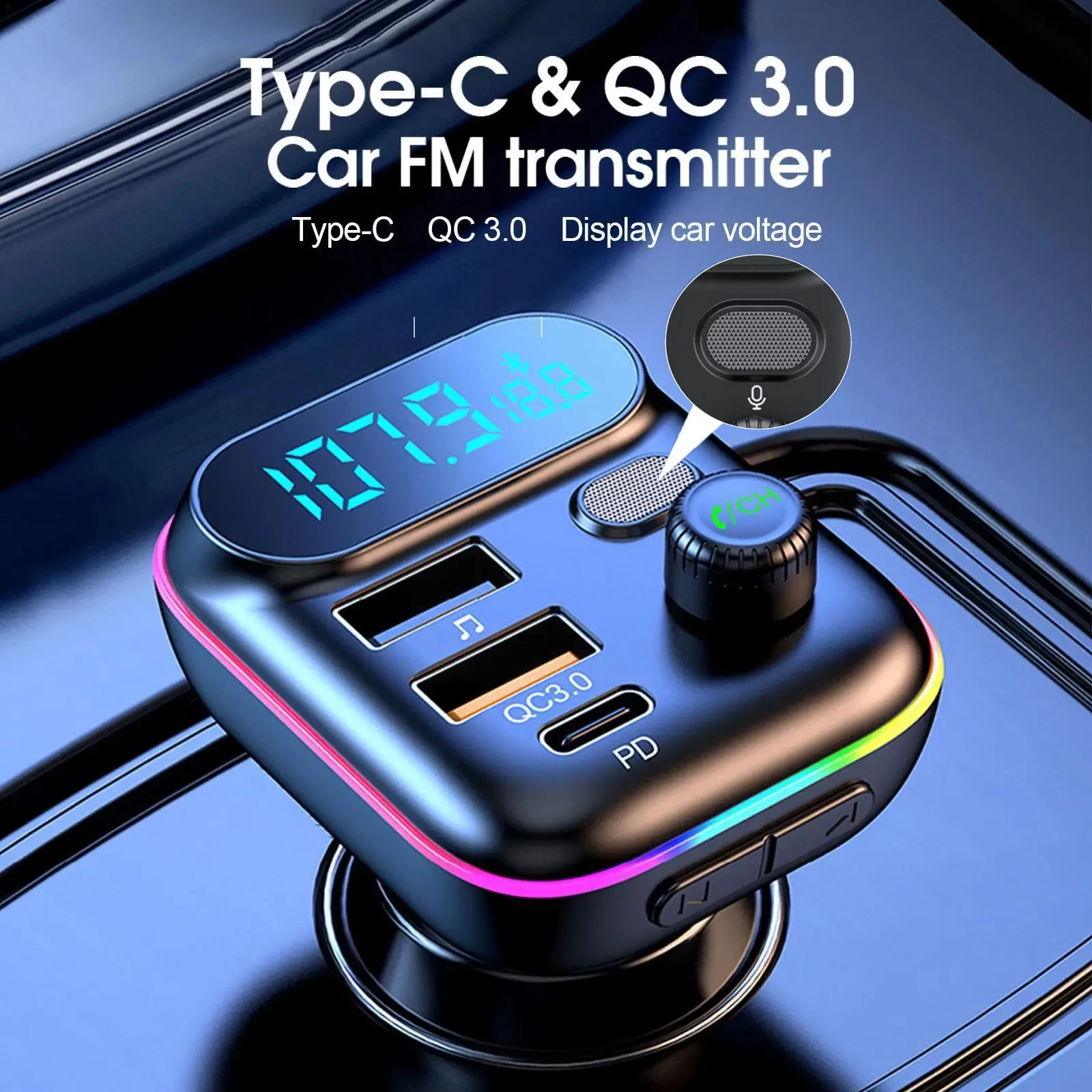 Car Bluetooth 5.0 Fm Transmitter Fast Charging Pd Dual Player Music Type-C Colorful Atmosphere Mp3 Cigarette Lighter Usb C0E3