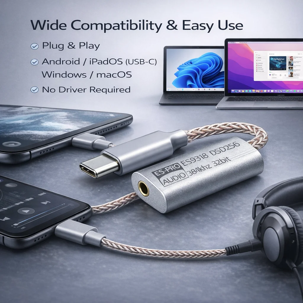 LY Tech ES9318 USB-C DAC wzmacniacz słuchawkowy, 32bit/384kHz DSD256, moc wyjściowa 180mW, przenośny adapter audio Hi-Fi z aluminium CNC