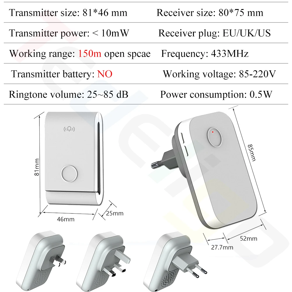 Tedeligo UK US EU Plug Doorbell Set Wireless Self-powered Transmitter No Battery Required Ring Bell Outdoor Receiver 110V 220V