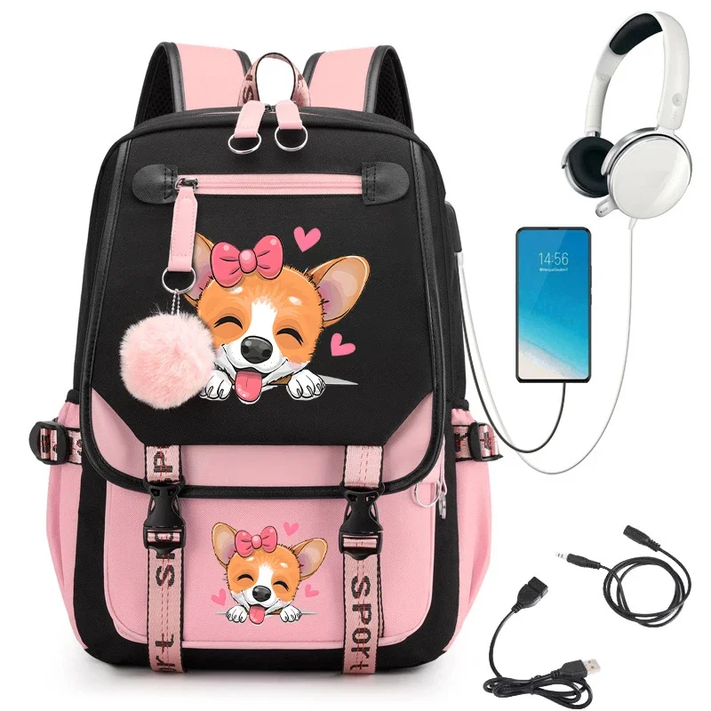 Girl Backpack School Bag Back Pack Pink Black Kid Child Teenage School Bag Cartoon Dog Corgi Print Teens Backpack Usb Bookbag