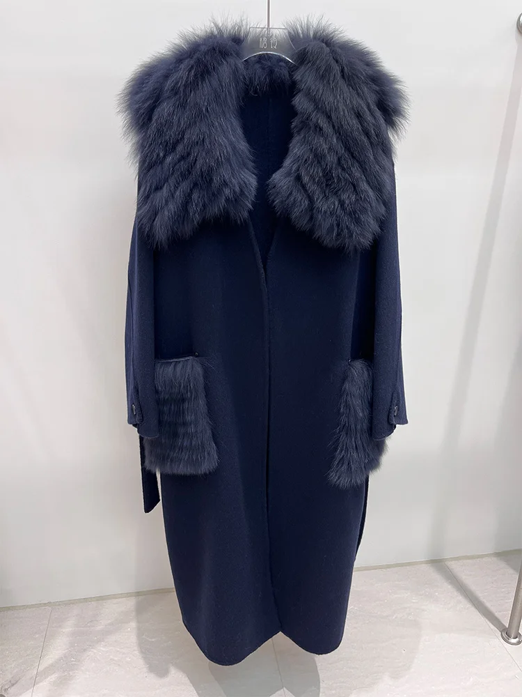 2025 nueva chaqueta de lana de Cachemira de invierno abrigo de lana con cuello de piel de zorro Natural Real prendas de vestir para mujer abrigo femenino chaqueta de lujo para mujer
