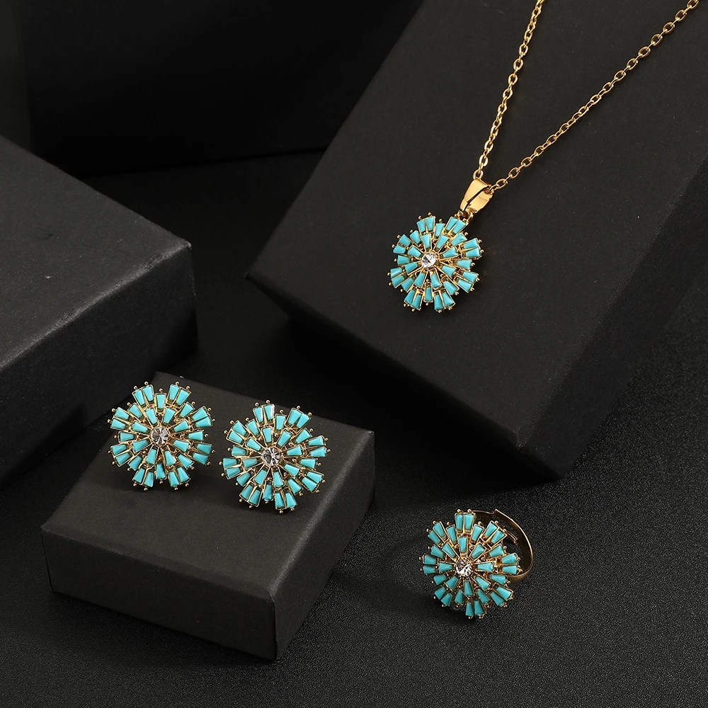 2024 Hot sale Classic Zircon Geometric Flower Pendant necklace earring Ring 3PCS set Dubai Nigeria wedding Bridal Jewelry Set