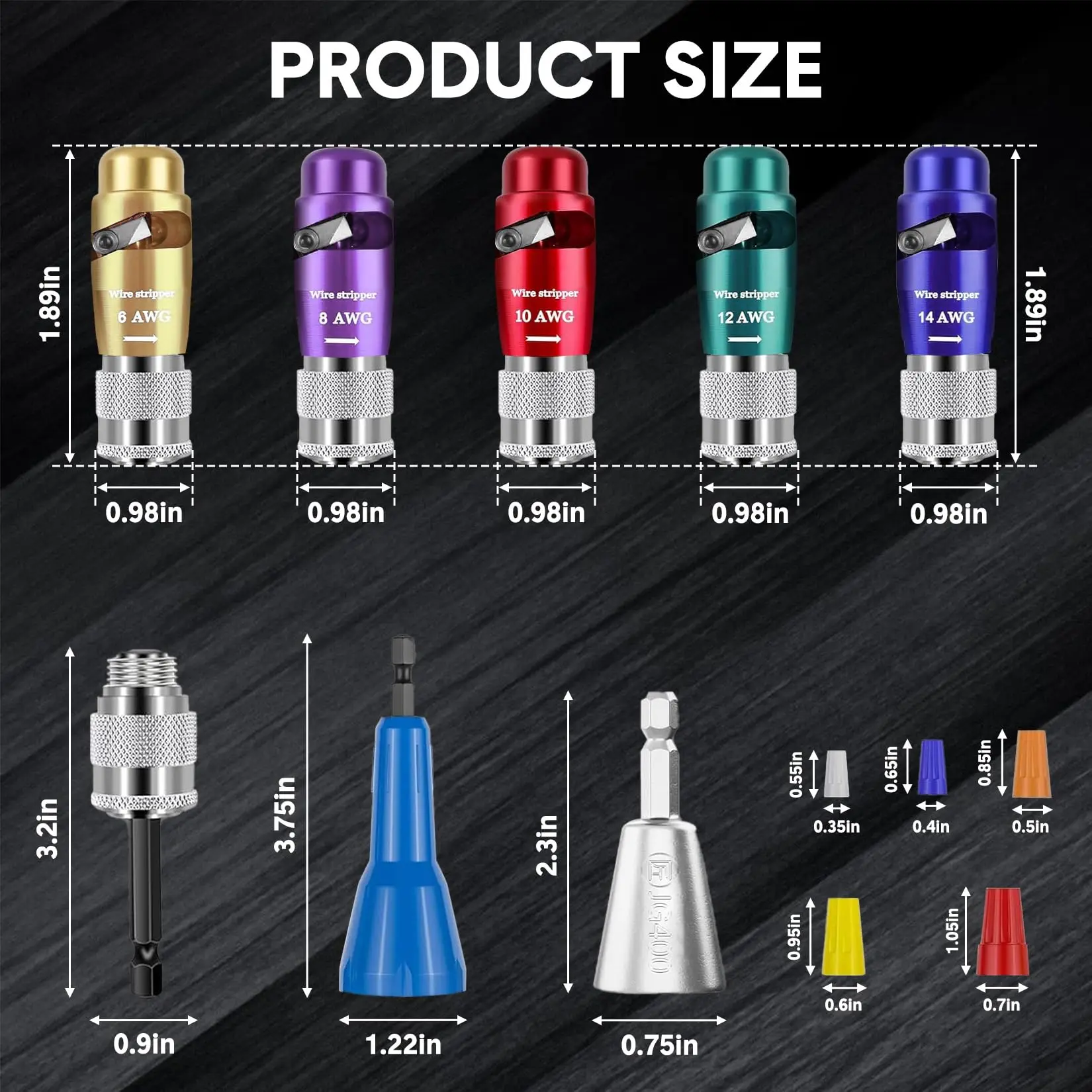 8 Piece Wire Stripping Bit Set For Drill, 5 AWG Color Bits 6-14, Tungsten Steel Zinc Alloy Cable Stripper, Portable Case