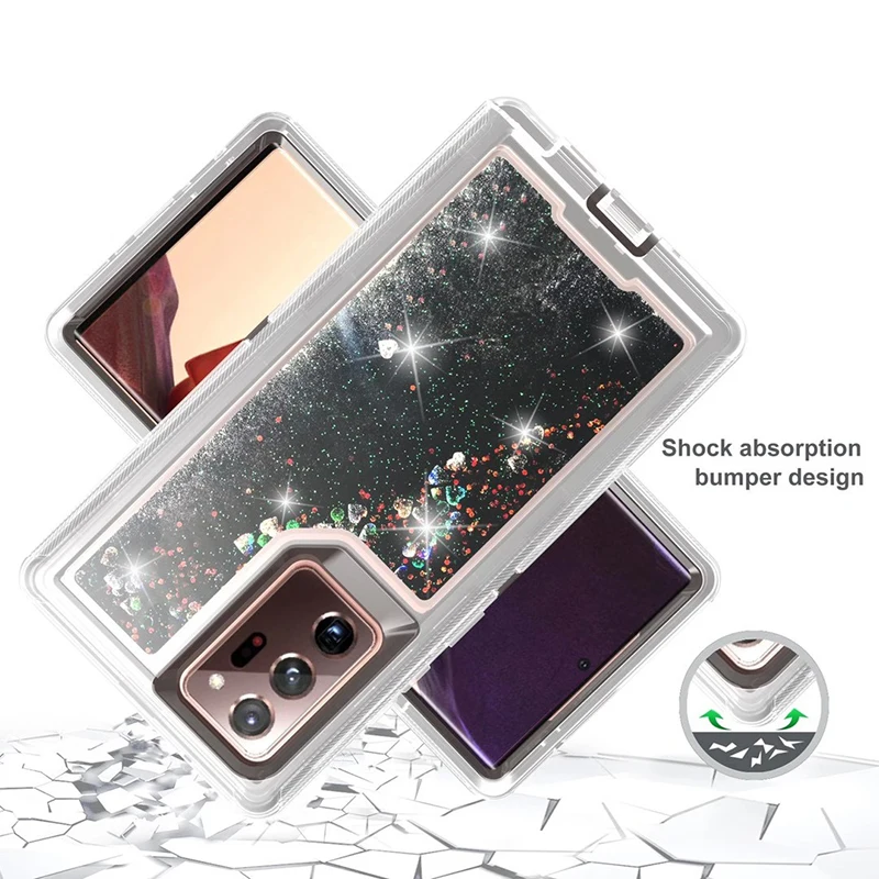 3 in 1 Glitter 3D Bling Liquid Quicksand Transparent Shockproof Case For Samsung Galaxy S22 S21 Plus S23 Ultra Note 20 10 Cover