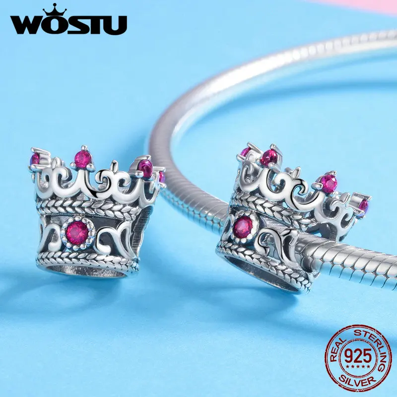 WOSTU 100% 925 スターリングシルバー女王の王冠ピンク CZ ビーズチャームフィットオリジナルブレスレット & ネックレス女性のファッションジュエリー CQC776