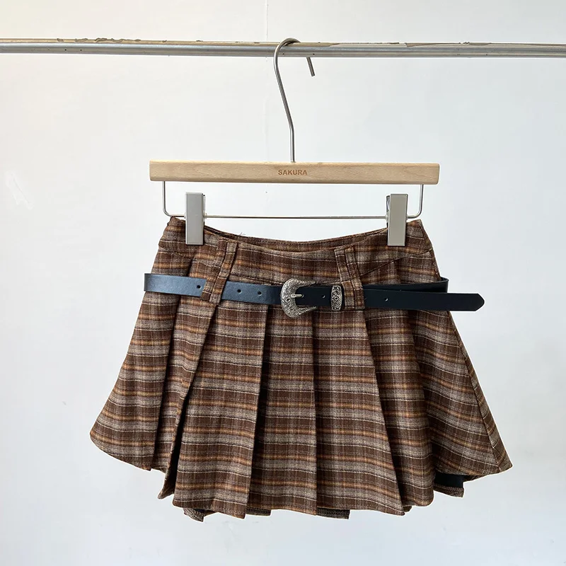Y2K Checkered Pleated Skirt with Belt Thick Woolen Plaid Short Skirt Teen-girl 9s Preppy Style Autumn Winter Outfit