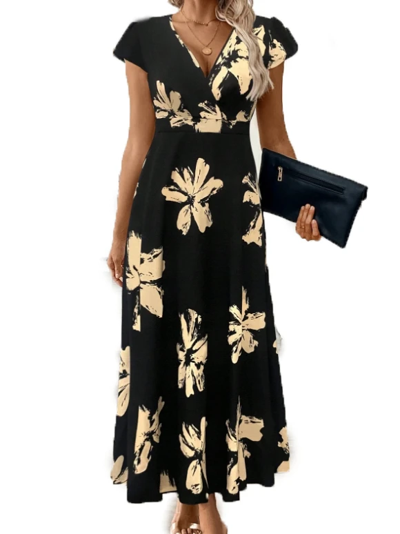 Ele V-Ne Stampa floreale ort Sve Long Dr Donna Dr Summer New Sle Faionable Abito a trapezio con orlo arricciato