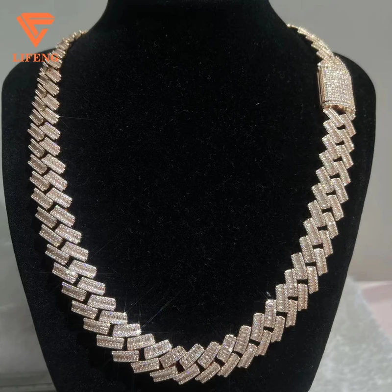 

New Arrival Fashion Jewelry 925 Silver 15MM Iced Out VVS Moissanite Necklace Round&Baguette Diamonds Hiphop Mens Cuban Chain