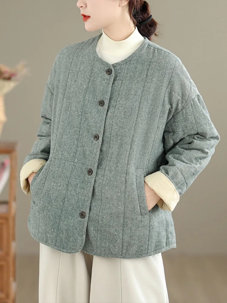 

Retro Artistic Flax Lightweight round Ne Cotton Jaet Women's Winter Loose Outerwear Filled Warm Small Size Cotton Coat