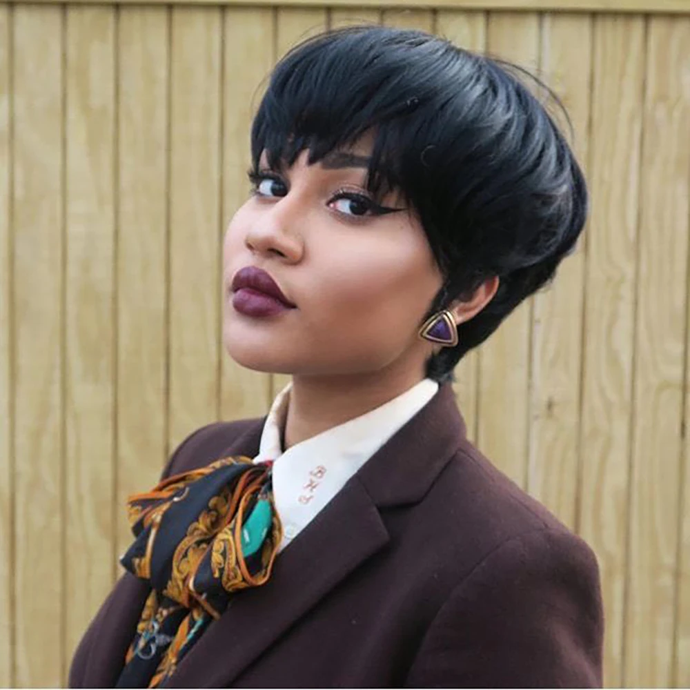 짧은 스트레이트 인모 가발 브라질리언 픽시컷 앞머리 포함 프리컷 레미 헤어 기계 제작 풀 가발 흑인 여성용 일상 착용